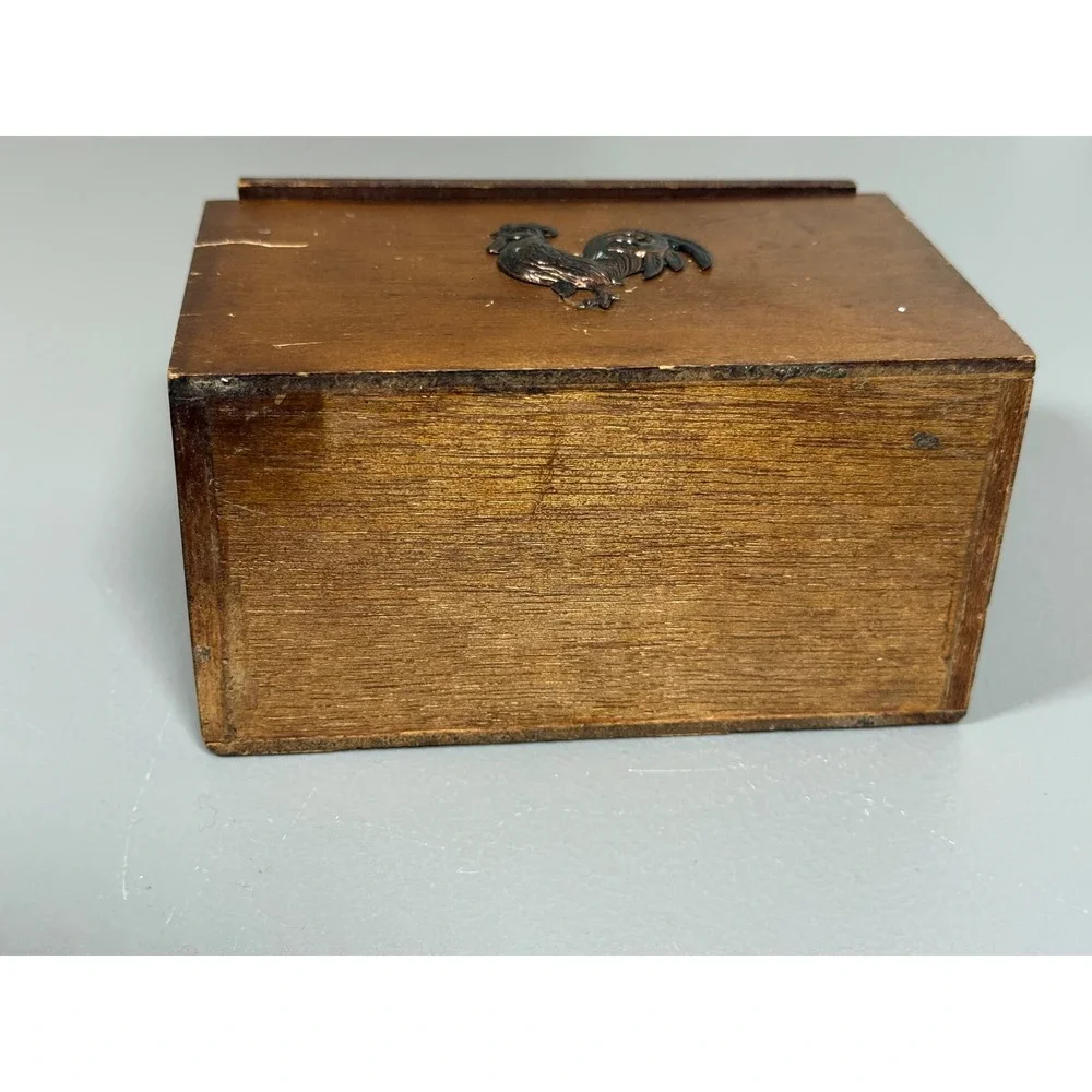 Vintage Wood Recipe Box Rooster Metal Emblem Farmhouse Primitive Kitchen Decor